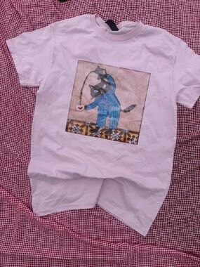 Gildan Light Pink Tee with Blue Cat Illustration